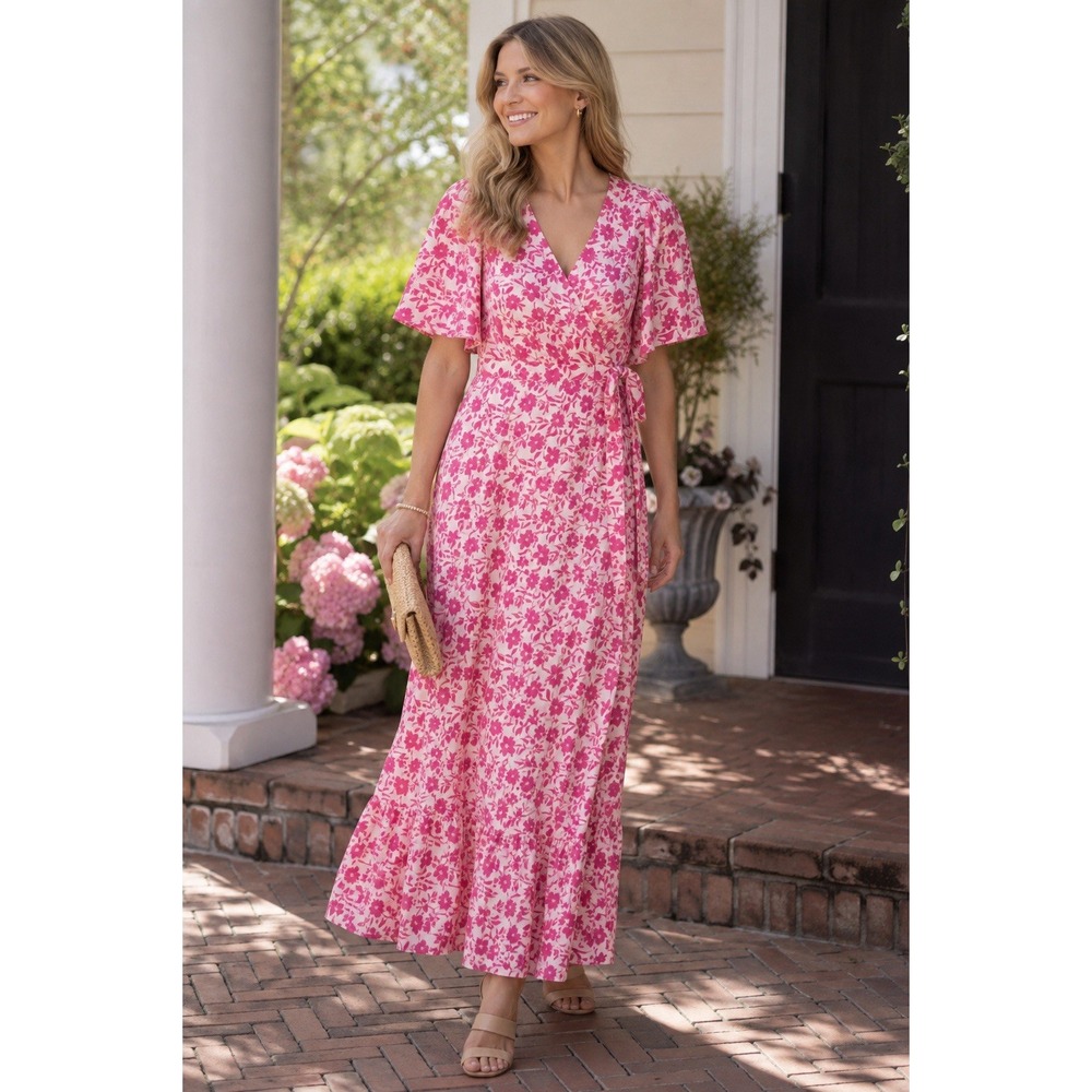 Draper‎ James Dress S Pink Floral Maxi Wrap Flutter Sleeve Women's Wedding Guest